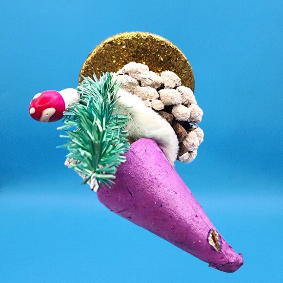 Vintage 1950s Pinecone Elf Gnome Ornament Purple Hat Bottlebrush Tree Mushroom - Picture 8 of 10